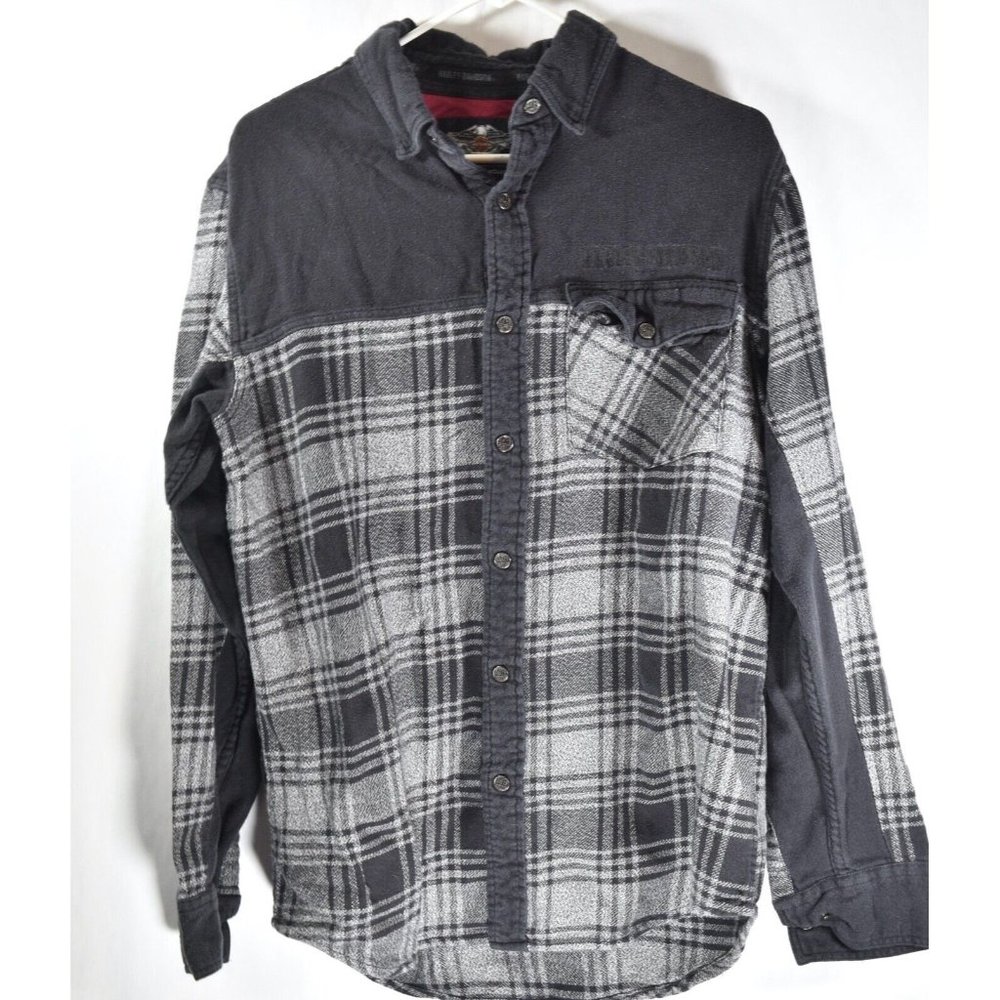 Harley Davidson Heavy Flannel Shirt Combed Cotton Plaid Black Gray Medium M